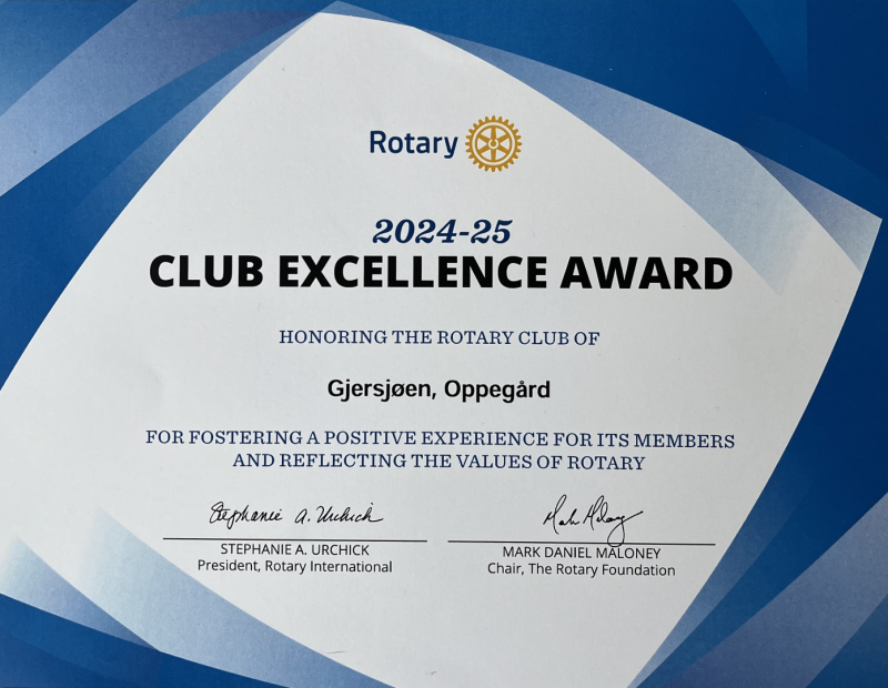 Gjersjøen Rotary tildelt utmerkelsen "Club Excellence Award" 2024-2025